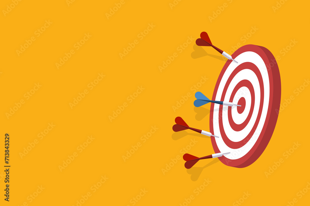 Red darts missed hitting target and only blue one hits the center. Business challenge failure and success concept. Red darts missed hitting target and only blue one hits the center. Business challenge failure and success concept.