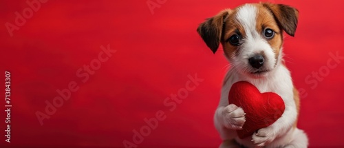 Puppy stands holding a red heart, isolated against a red background, Ai Generated © Crazy Juke
