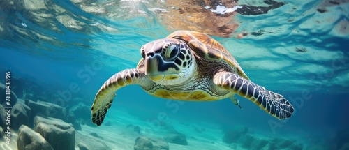 A green sea turtle swims in the blue ocean, Ai Generated © Crazy Juke