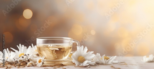 Chamomile tea and daisies composition on blurred background with copy space