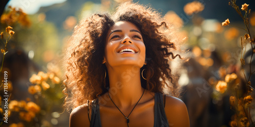 A woman embraces nature with open arms. A black girl finds joy in the outdoors. Breathe fresh air for pleasure. freedom. and happiness. Emphasizing mental health and wellbeing.