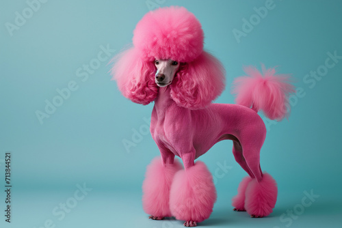 groomed and pink dyed poodle dog isolated on plain cyan blue studio background