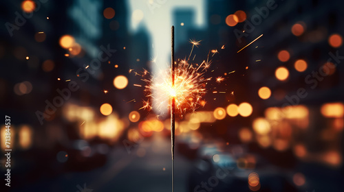 Happy New Year, burning fireworks with bokeh light background