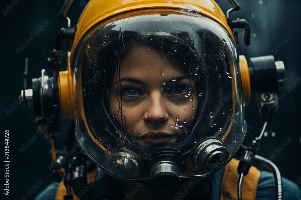 Fototapeta premium Female Deep-Sea Diver on an Ocean Background