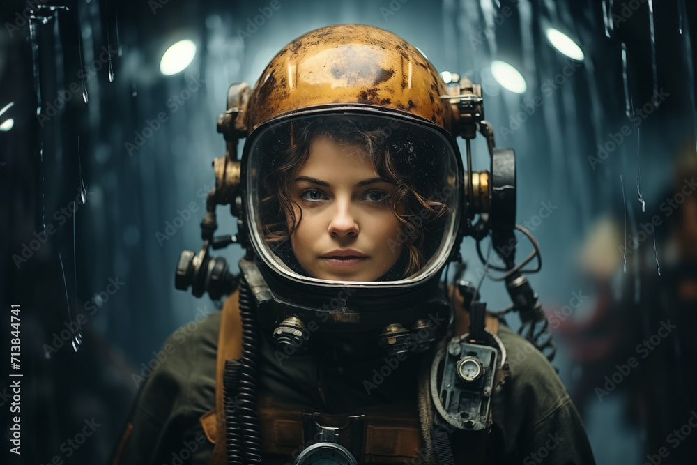 Fototapeta premium Female Deep-Sea Diver on an Ocean Background