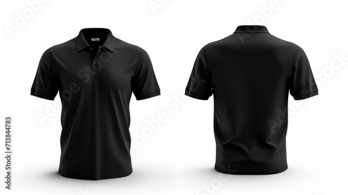 Mockup, front and back view of a black short sleeve polo shirt, white background.