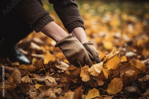 Hands with gloves raking autumn leaves. Seasonal yard cleaning autumnal work. Generate ai