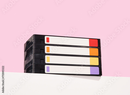 A stack of retro videotapes. Old fashion style.