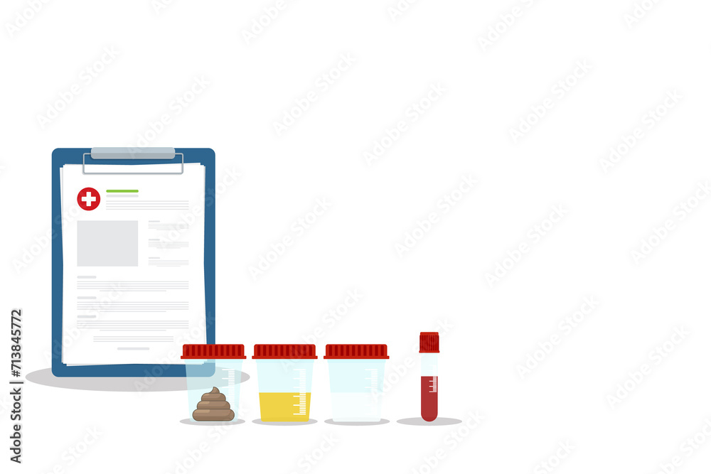 Urine, stool, sperm and blood analysis. Urine, stool, sperm and blood test icon. Medical analysis laboratory test. Medical samples in a plastic box and medical clipboard.