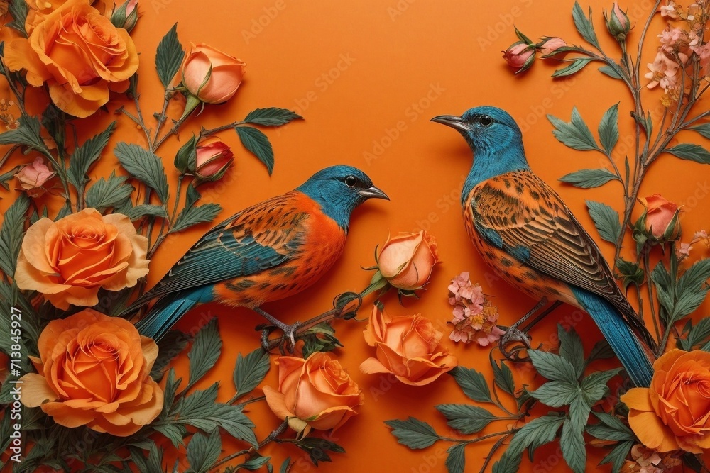 Floral Symphony Generative AI's Bird and Rose Botanical Elegance on Colorful Canvas