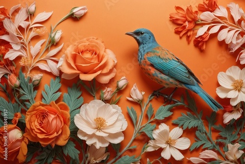 Floral Symphony Generative AI's Bird and Rose Botanical Elegance on Colorful Canvas © Dreamweave