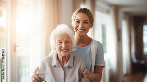 Elder and nurse assistance support and helping senior patient at home and clinic for physical therapy, elder care concept photo