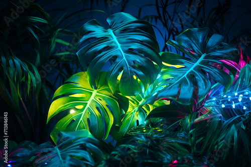 image of tropical leaves  gracefully illuminated by ethereal lights. Every detail  from the vibrant hues to the intricate leaf patterns  is a testament to nature   s beauty enhanced by human creativity
