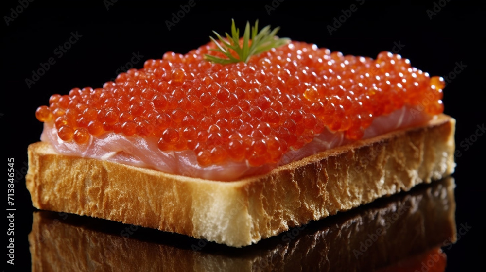 Beautiful red caviar and smocked salmon sandwich isolated on a dark background. Bread toasted canapes. Generative AI Beautiful red caviar and smocked salmon sandwich isolated on a dark background. Bread toasted canapes. Generative AI