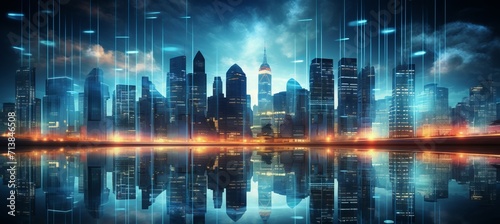 Futuristic cityscape with neon lights, skyscrapers, and bokeh background of flying drones