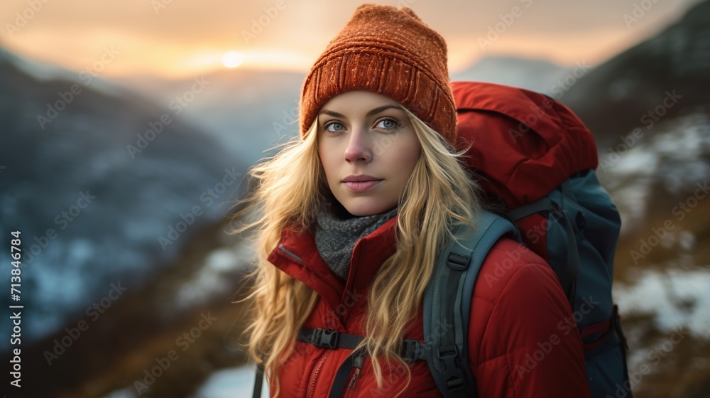 woman wearing rucksack hiking in winter. Beautiful female trekking with looking with aspirations.