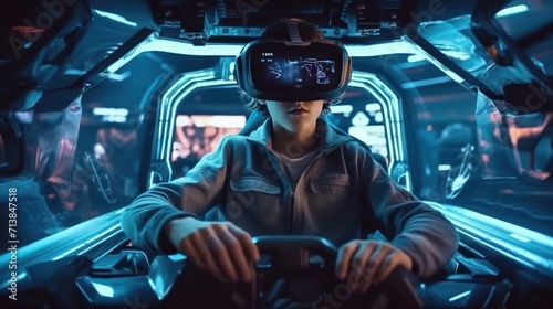 Futuristic simulator seat cockpit, Man experiences the 360 Virtual Reality in German Museum (Das Deutsche museum) photo