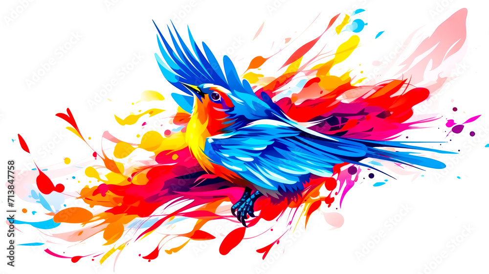Colorful bird with splashs of paint on it's body and wings.