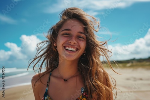Joyful young woman smiling on a sunny beach with wind in her hair.
