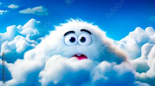 Fluffy white cloud with surprised face in the middle of the clouds.