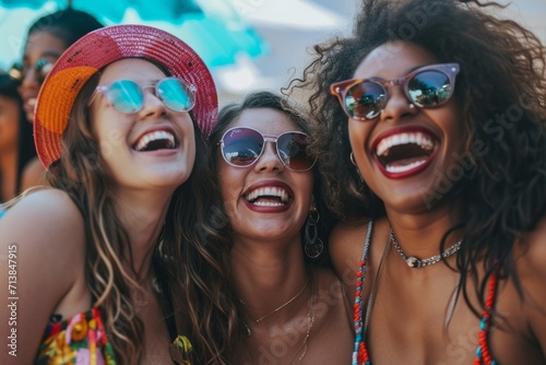 Three joyful young women with sunglasses enjoying a summer festival.