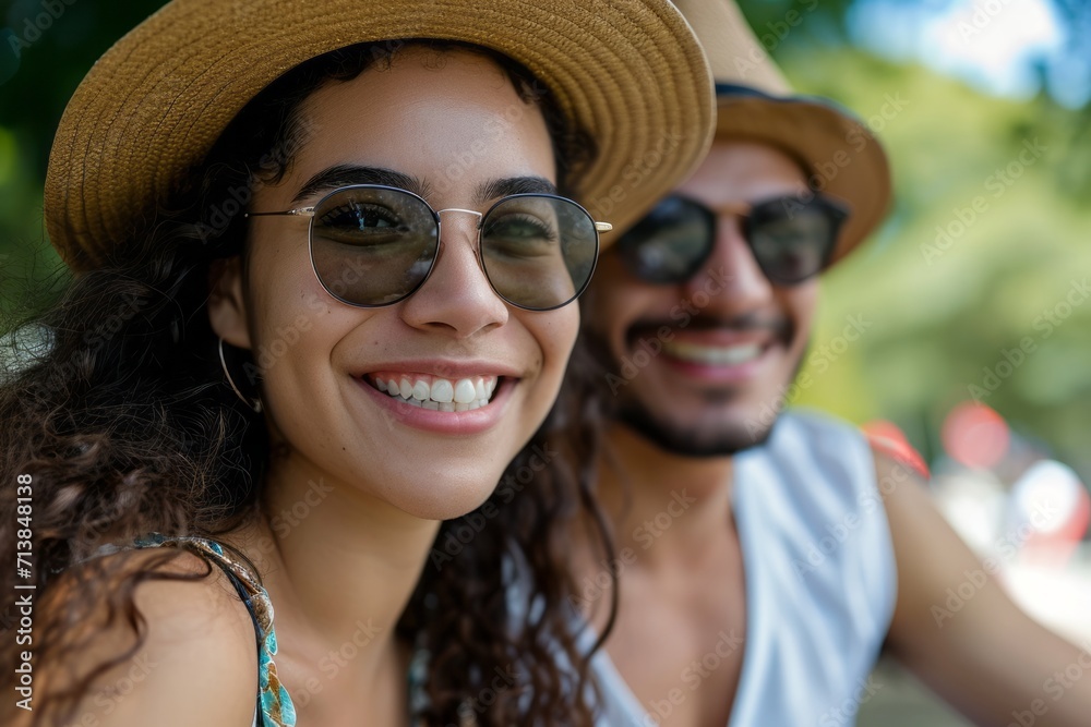 Cheerful couple wearing sunglasses and hats enjoying a sunny day outdoors, smiling at the camera.