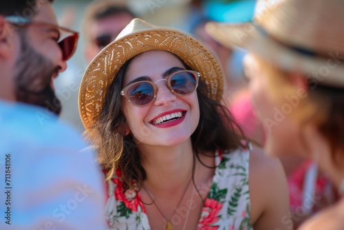 Joyful young woman in sunglasses and straw hat laughing with friends at a summer gathering.