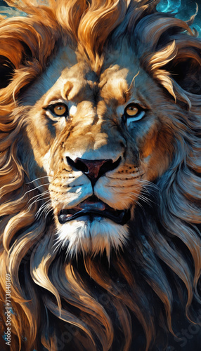 Fantasy Illustration of a wild animal lion. Digital art style wallpaper background.