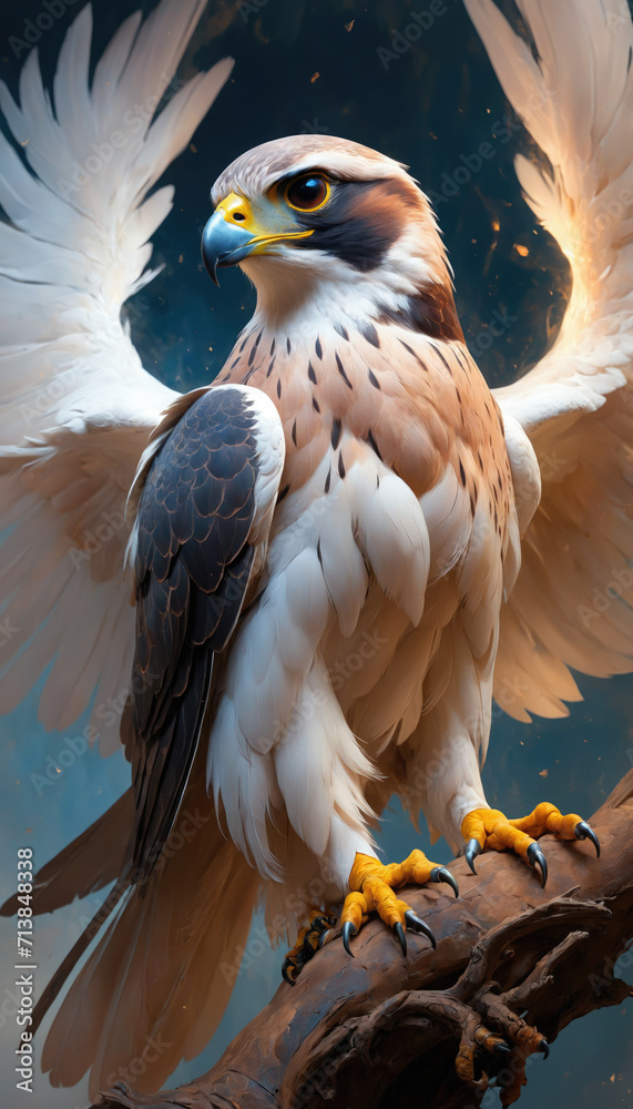 Fototapeta premium Fantasy Illustration of a wild falcon bird. Digital art style wallpaper background.