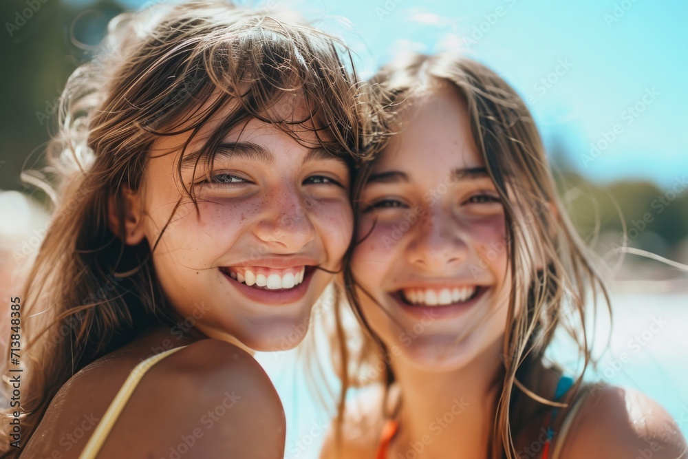 Two joyful young girls smiling and embracing on a sunny beach day, portraying friendship and happiness. Two joyful young girls smiling and embracing on a sunny beach day, portraying friendship and happiness.
