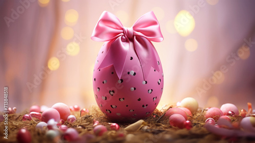 Happy Easter, Easter egg with pink satin bow for holiday decoration. Copy space. Symbol of the resurrection of Jesus.