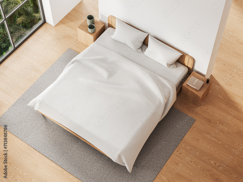 Top view of modern bedroom interior with bed and decoration, panoramic window