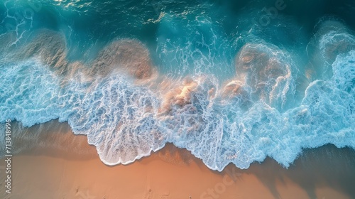 Aerial view of a sandy beach with waves creating foam patterns, late afternoon sun.