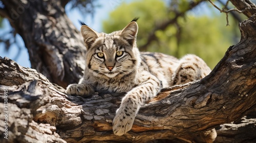 Beautiful bobcat perched on tree branch in wild, wildlife photography