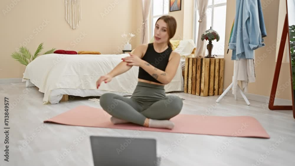 Young woman practicing yoga on a pink mat in her contemporary bedroom, with a laptop for guidance. Young woman practicing yoga on a pink mat in her contemporary bedroom, with a laptop for guidance.