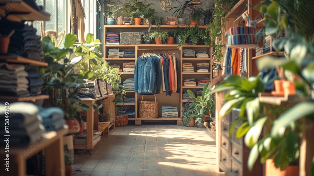 Fototapeta premium Slow Fashion Concept Scene: Sustainable Wardrobe: curated wardrobe with high-quality, timeless pieces made from sustainable materials.