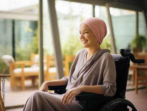 Smiling woman wearing chemo hat sitting on wheelchair. Cancer patient. Cancer Day. Generative AI