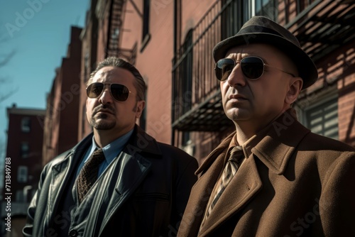 Russian mobsters in Brooklyn. Confident brutal men with sunglasses outdoor portrait. Generate ai
