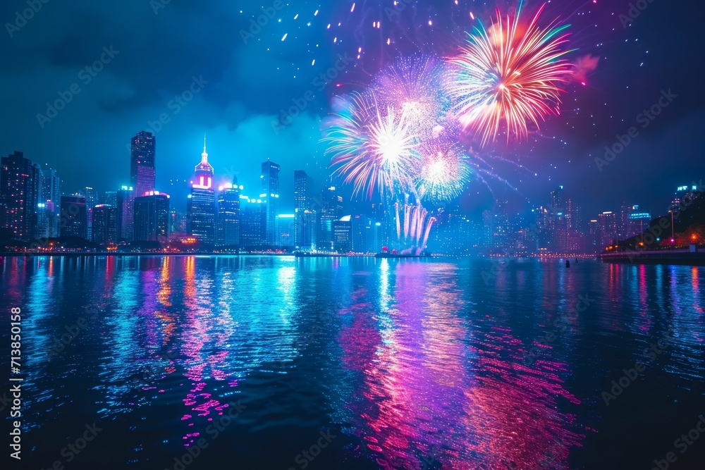 Spectacular fireworks display over a city skyline, reflections on water.