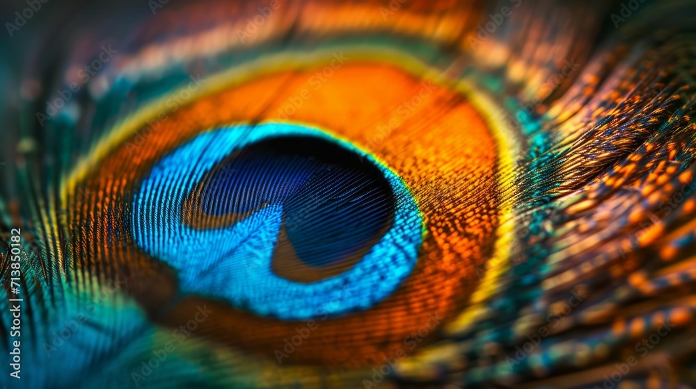 Naklejka premium Vibrant detailed shot of a peacock feather. Emphasizing the iridescent colors and patterns, studio lighting.