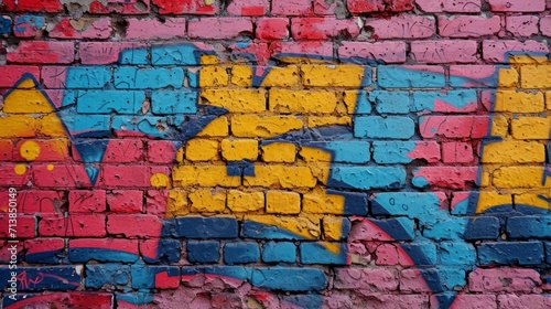 Textured brick wall with graffiti art, capturing the rough surface and vibrant colors, late afternoon urban lighting.