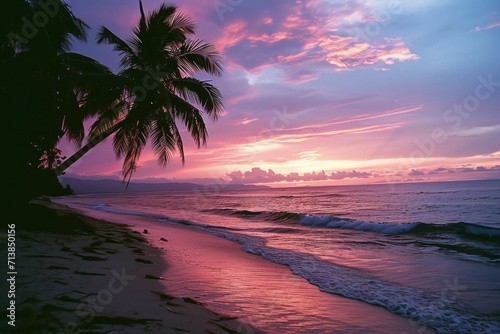 Tropical beach scene, sunset, vibrant colors, relaxed ambiance.