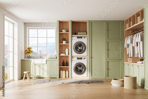 White and green laundry room interior photo