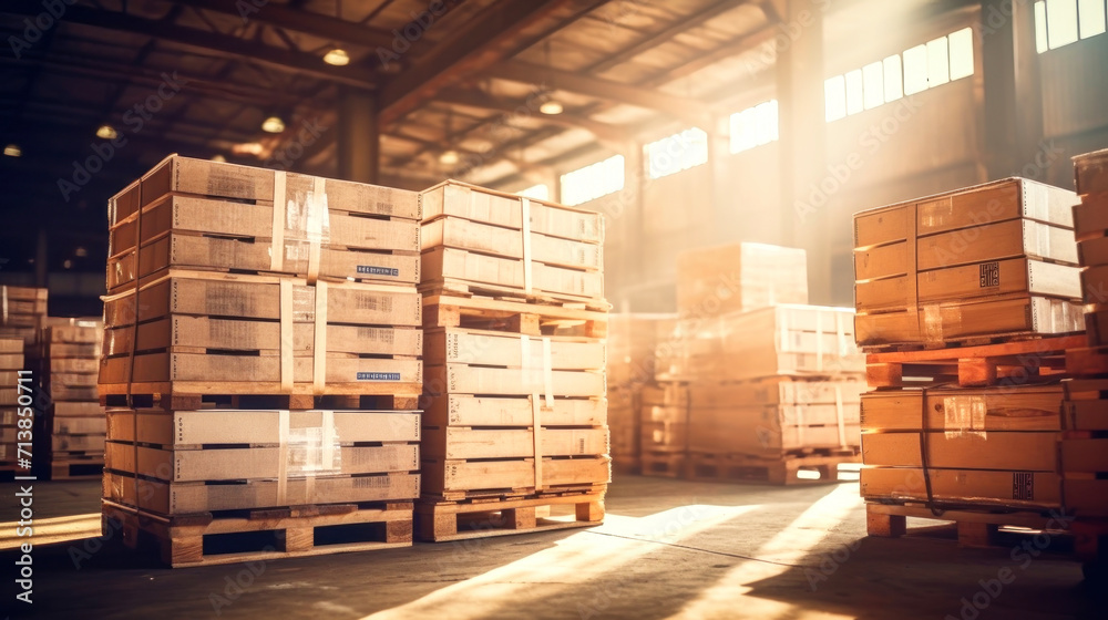 Retail warehouse full of shelves with goods in cardboard boxes, with pallets and forklifts. Logistics and transport blurred background. Product distribution center