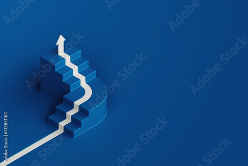 White arrow pointing up with step stair on blue background, business way concept, minimal style, 3d rendering