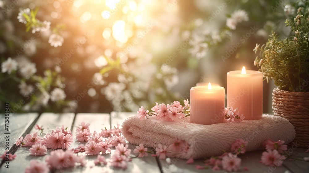 Roll up of towels with candles and flowers for massage spa treatment ,aroma ,healthy wellness relax calm and luxurious atmosphere associated with pampering and well-being healthy skin practices - obrazy, fototapety, plakaty 