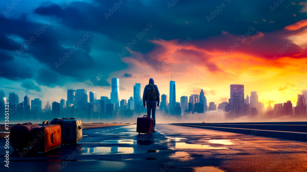 Man standing on wet road with suitcases in front of him.
