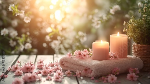 Roll up of towels with candles and flowers for massage spa treatment ,aroma ,healthy wellness relax calm and luxurious atmosphere associated with pampering and well-being healthy skin practices photo