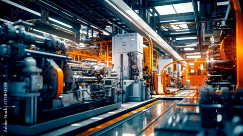 Factory filled with lots of machines and orange and white piping hoses.