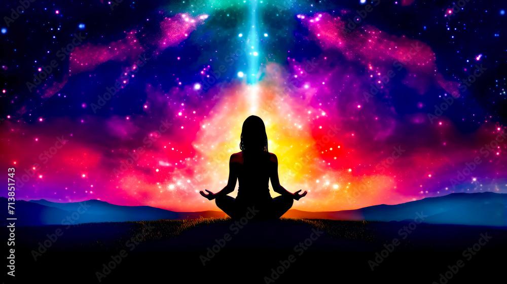 Woman sitting in lotus position in front of colorful sky filled with stars.